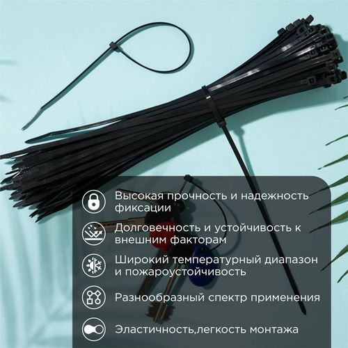 Стяжка нейлоновая 250x3,6 мм черная (100 шт/уп) REXANT, фотография