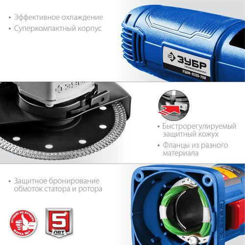 Шлифмашина угловая ЗУБР Профессионал УШМ-П125-750 750 Вт, крупный план