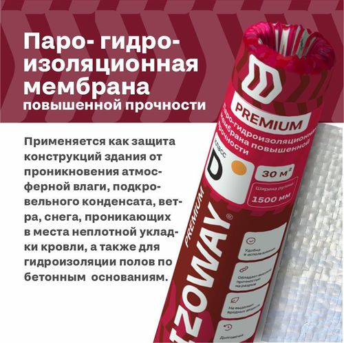 Строительная мембрана гидроизоляционная IZOWAY мембранная 66 г/м² 1,6x43,75 м, крупный план