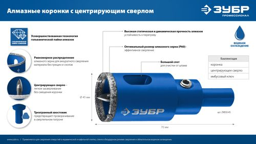 Коронка алмазная ЗУБР Профессионал АГК 55 мм 29850-55, крупный план