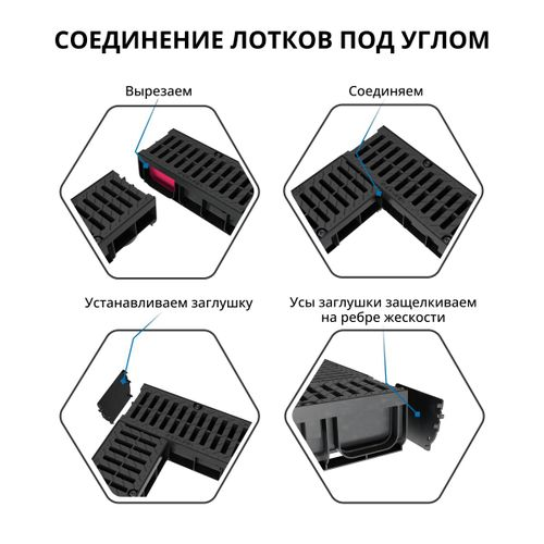 Лоток водоотводный пластиковый Gidrolica Pro h117 мм с полиамидной решеткой черный, крупный план