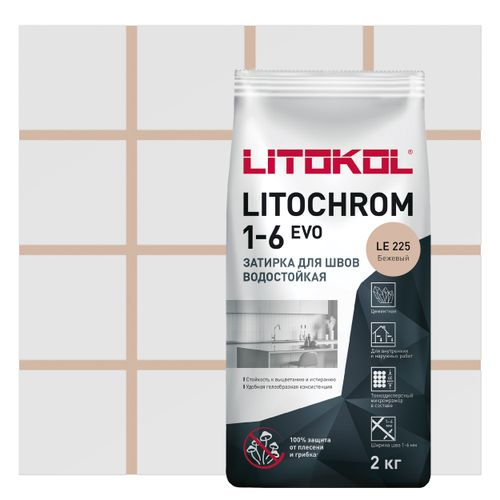 Затирка цементная LITOKOL LITOCHROM 1-6 EVO LE 225 бежевый 2 кг, детальное фото