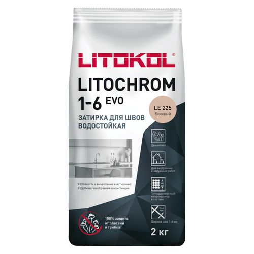 Затирка цементная LITOKOL LITOCHROM 1-6 EVO LE 225 бежевый 2 кг, детальное фото