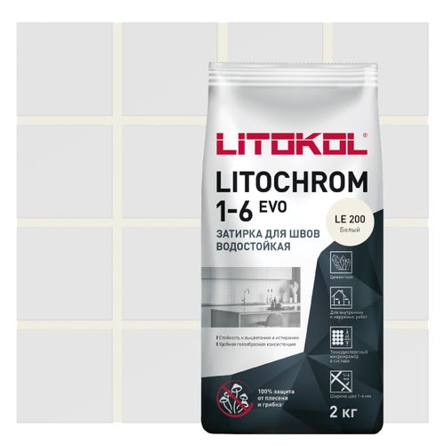 Затирка цементная LITOKOL LITOCHROM 1-6 EVO LE 200 белый 2 кг, картинка