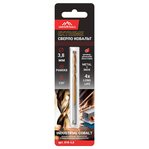 Сверло по металлу VERTEXTOOLS cobalt р6м5к8 3,8 мм, картинка