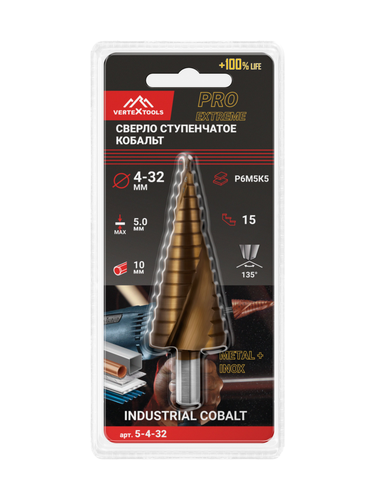 Сверло ступенчатое VERTEXTOOLS кобальт р6м5к5 4х32 мм, фотография