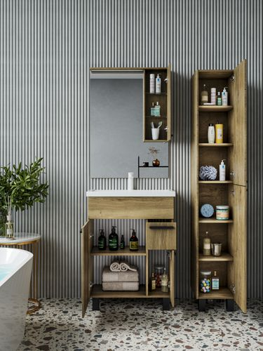 Тумба под раковину Норда Фостер напольная прямоугольная ЛДСП 78x56,7 см дуб коричневый  (раковина к тумбе арт.825024), вид