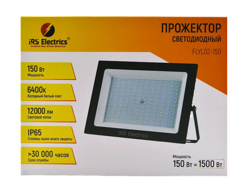 Прожектор светодиодный IRS Electrics, IP65, 293x209x34 мм, 150Вт, 6400К, 12000Лм, корпус черный, картинка