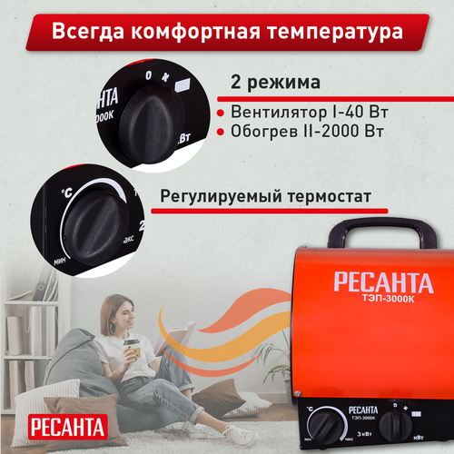 Тепловая пушка электрическая Ресанта ТЭП 3 кВт с прямым типом нагрева, картинка