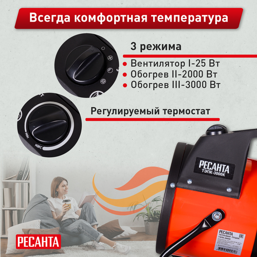 Тепловая пушка электрическая  Ресанта ТЭПК 3 кВт с прямым типом нагрева, детальное фото