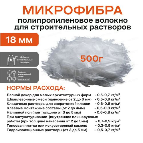 Фиброволокно OBERN 18 мм для кладочный и бетонных растворов 0,5 кг, вид