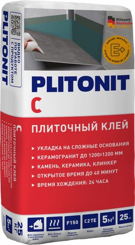 Плиточный клей цементный PLITONIT С морозостойкий устойчивый к сползанию C2TE 25 кг, фотография