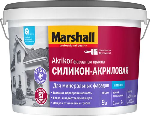 Краска фасадная Masterline by Marshall Akrikor силикон-акриловая матовая BW 9 л, крупный план