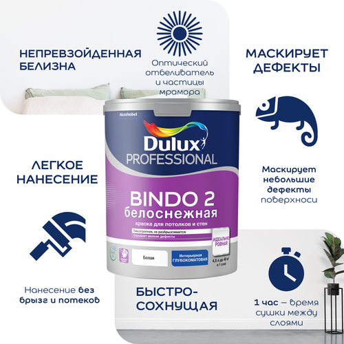 Краска интерьерная Dulux Bindo 2 глубокоматовая белоснежная 4,5 л, картинка