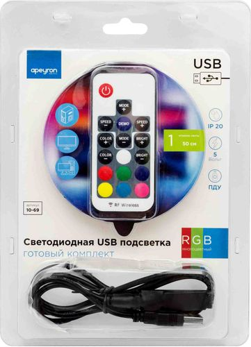 Светодиодная лента Apeyron Electrics SMD 5050 30LED IP20 5В 7,2Вт RGB 0,5 м, фотография