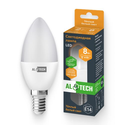 Лампочка светодиодная ALTECH LED 8Вт 3000К 760Лм E14 Свеча, крупный план