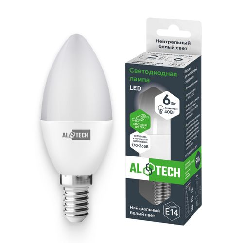 Лампочка светодиодная ALTECH LED 6Вт 4000К 560Лм E14 Свеча, изображение