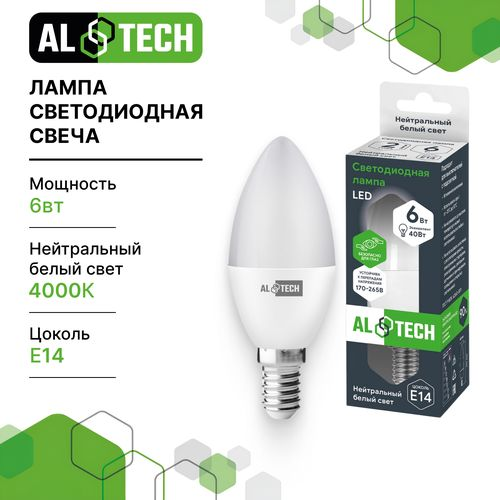 Лампочка светодиодная ALTECH LED 6Вт 4000К 560Лм E14 Свеча, изображение