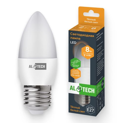Лампочка светодиодная ALTECH LED 8Вт 3000К 760Лм E27 Свеча, картинка