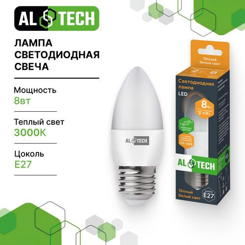 Лампочка светодиодная ALTECH LED 8Вт 3000К 760Лм E27 Свеча, крупный план
