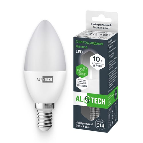 Лампочка светодиодная ALTECH LED 10Вт 4000К 960Лм E14 Свеча, крупный план