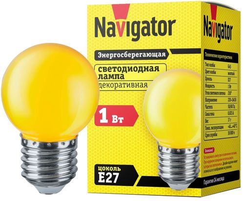 Светодиодная лампа Navigator NLL-G45-1 E 27 1 Вт желтый шар, крупный план