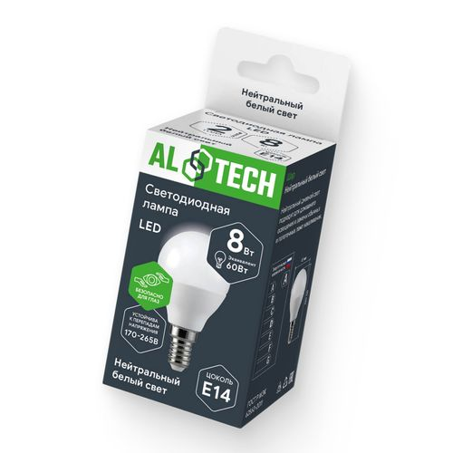 Лампочка светодиодная ALTECH LED 8Вт 4000К 720Лм E14 Шар, вид