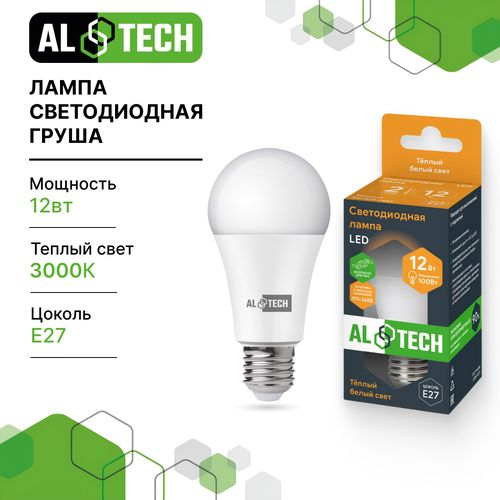 Лампочка светодиодная ALTECH LED 12Вт 3000К 1060Лм E27 Груша, крупный план