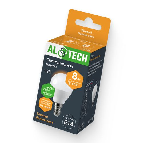 Лампочка светодиодная ALTECH LED 8Вт 3000К 720Лм E14 Шар, картинка