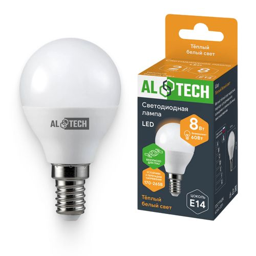 Лампочка светодиодная ALTECH LED 8Вт 3000К 720Лм E14 Шар, крупный план