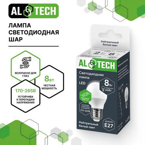 Лампочка светодиодная ALTECH LED 8Вт 4000К 720Лм E27 Шар, крупный план