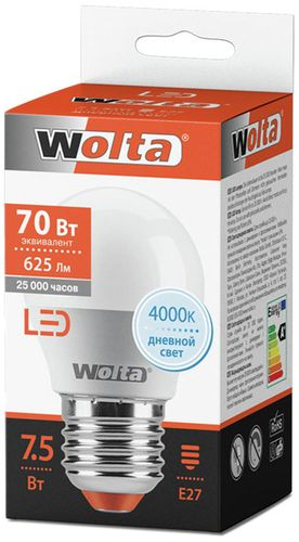Светодиодная лампа Wolta STANDART E27 7,5 Вт 625 лм 4000 К шар, детальное фото