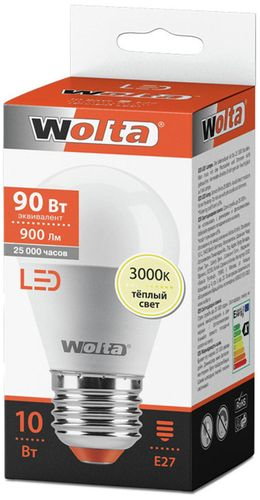 Светодиодная лампа Wolta STANDART E27 10 Вт 900 лм 3000 К шар, крупный план