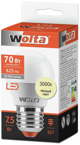 Светодиодная лампа Wolta STANDART E27 7,5 Вт 625 лм 3000 К шар, изображение