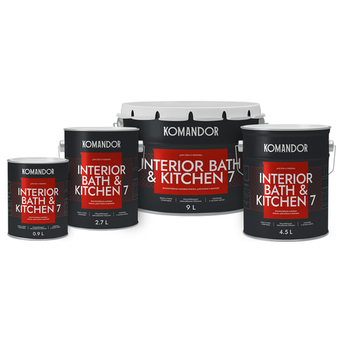 Краска влагостойкая матовая KOMANDOR INTERIOR BATH&KITCHEN 7 БАЗА A 0,9 Л, фотография