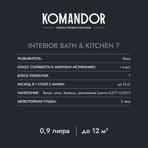Краска влагостойкая матовая KOMANDOR INTERIOR BATH&KITCHEN 7 БАЗА A 0,9 Л, картинка
