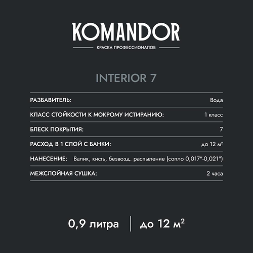 Краска для стен и потолков матовая KOMANDOR INTERIOR 7 БАЗА C 0,9 Л, детальное фото