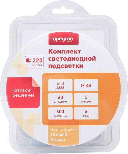 Светодиодная лента Apeyron Electrics SMD 2835 60LED IP44 220В 6Вт белый 5 м, детальное фото