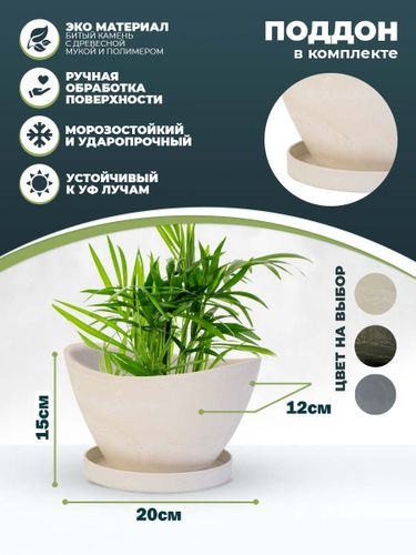 Горшок для цветов "Лодочка" объем 1,5л с поддоном , изготовлен из композитного пластика, цвет белый камень, фотография