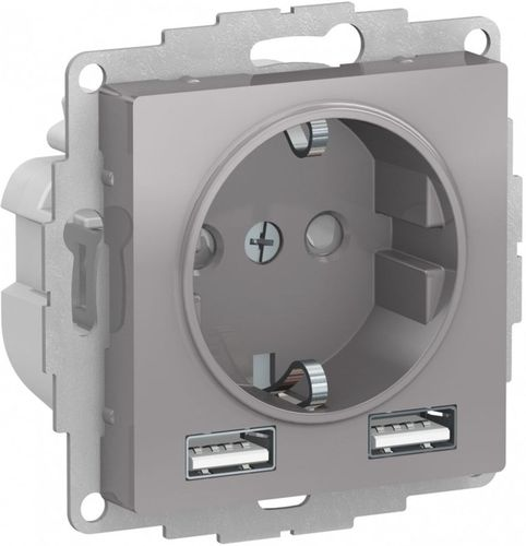 Розетка электрическая, USB 1 пост Schneider Electric Atlas Design алюминий, крупный план
