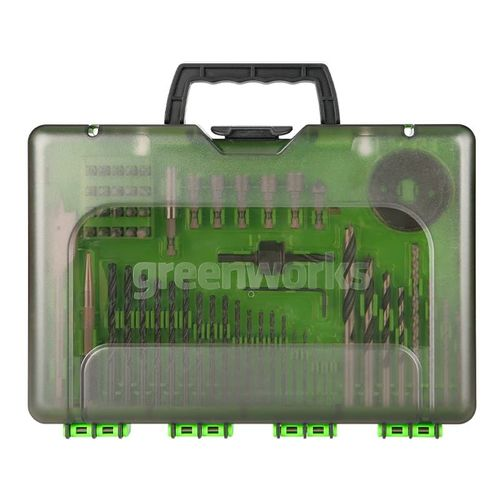 Набор сверл, бит и коронок в кейсе GREENWORKS 2944507 60 предметов, изображение