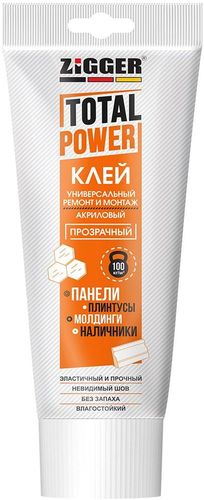 Монтажный клей ZIGGER TOTAL POWER акриловый универсальный прозрачный туба 250 мл, фотография