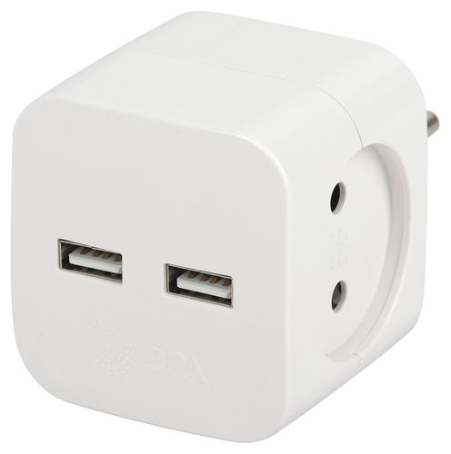 Разветвитель электрический ЭРА SP-2-USB-W на 2 розетки 220V + 2xUSB 2400mA, изображение