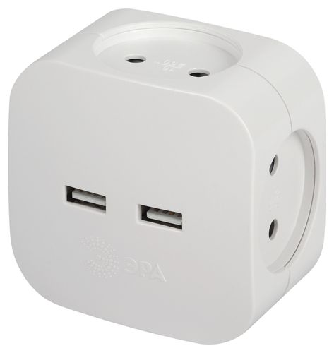 Разветвитель электрический ЭРА SP-4-USB-W на 4 розетки 220V + 2xUSB 2400mA, картинка