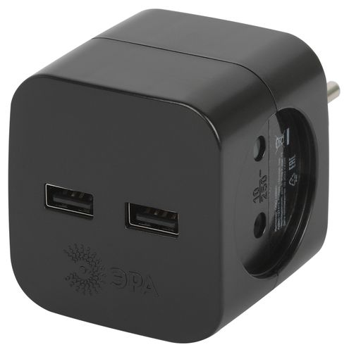Разветвитель электрический ЭРА SP-2-USB-B на 2 розетки 220V + 2xUSB 2400mA, картинка