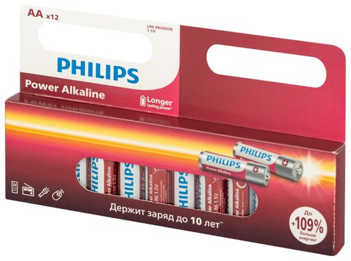 Батарейки Philips Power АА алкалиновые 1,5v 12 шт LR6-12BL, крупный план