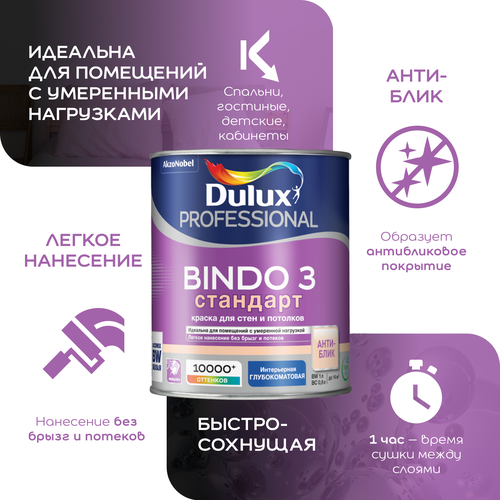 Краска для стен и потолков Dulux Bindo 3 ВС 9 л, изображение