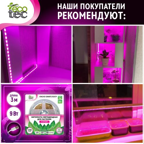 Фитолента светодиодная ECOTEC L 3 м 9 Вт красно-синий спектр USB-разъём, картинка