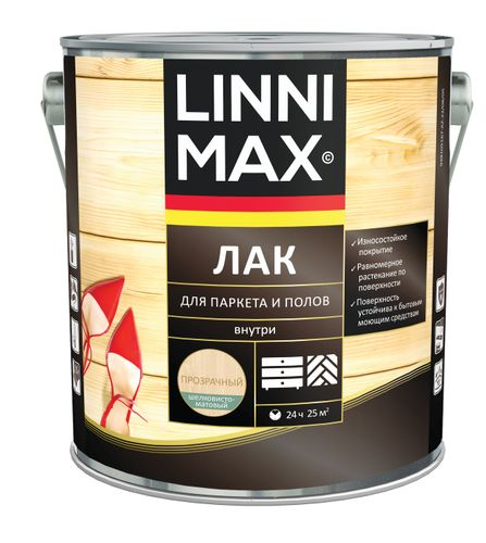 Лак алкидно-уретановый LINNIMAX Лак для паркета и полов шелковисто-матовый 2,5 л, крупный план