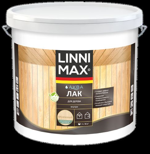Лак водно-дисперсионный LINNIMAX Аква Лак для дерева матовый 9 л, фотография